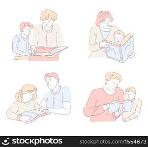 Parents and children with textbooks homework parents isolated characters vector school assignment mother or father and son or daughter writing copybook and pen schoolchild and tutor parent family.. Homework parents isolated characters parents and children textbooks