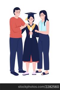 Parents and daughter alumnus semi flat color vector characters. Standing figures. Full body people on white. Graduation ceremony simple cartoon style illustration for web graphic design and animation. Parents and daughter alumnus semi flat color vector characters