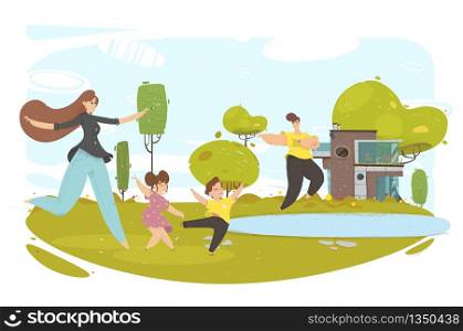 Parents and Kids Running in Park or House Back Yard. Happy Family Having Good Time Together. Household Members Enjoying Spending Time Together at Summer Time Sunny Day Cartoon Flat Vector Illustration. Parents Kids Running in Park or House Back Yard.