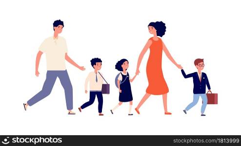 Parents and kids. Students go to school, large family mother father went their children to study. Schoolboy and schoolgirls, child in uniform vector illustration. School boy and girl go to school. Parents and kids. Students go to school, large family mother father went their children to study. Schoolboy and schoolgirls, child in uniform vector illustration