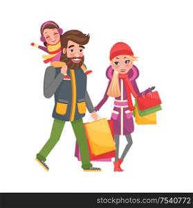 Parents and little girl do shopping on Christmas. Dad and mom with bags or packs, holiday gifts for family members. Father carrying daughter on shoulders. Parents and Little Girl Do Shopping on Christmas