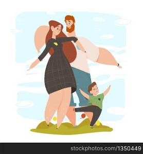 Parents and their Kid Having Good Time Together. Mom and Dad Playing, Doing Sport, Having Fun with Child Outdoors in City Park or Nature. Mother Father and Son Leisure Cartoon Flat Vector Illustration. Parents and their Kid Having Good Time Together.