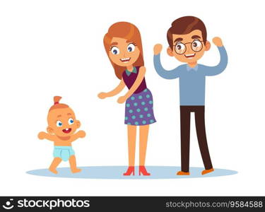 Parents are excited about their baby first steps. Happy mother and father with little son. parenthood and childhood. Children growth and development. Cartoon flat isolated illustration. Vector concept. Parents are excited about their baby first steps. Happy mother and father with little son. parenthood and childhood. Children growth and development. Cartoon flat isolated vector concept