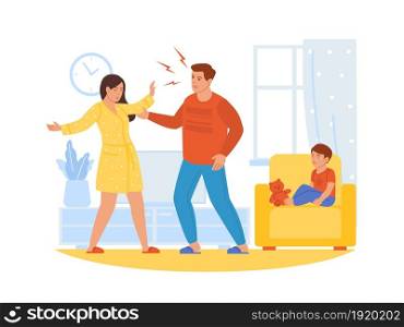 Parents arguing. Mom and dad quarrel. Unfortunate depressed child sitting in chair. Married couple fighting. Family problem. Crying sad boy and conflicting adults. Relationship crisis. Vector concept. Parents arguing. Mom and dad quarrel. Unfortunate depressed child sitting in chair. Couple fighting. Family problem. Crying boy and conflicting adults. Relationship crisis. Vector concept