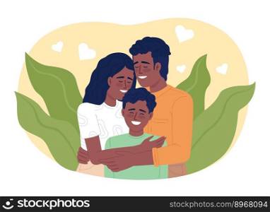 Parents bonding with child 2D vector isolated illustration. Happy mom and dad cuddling son flat characters on cartoon background. Colorful editable scene for mobile, website, presentation. Parents bonding with child 2D vector isolated illustration