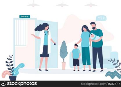 Parents brought the children to see a pediatrician. Female medical specialist or nurse. Health care, medical consultation background. Clinic room interior. Vector illustration