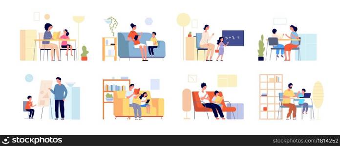 Parents children learning. Home study, mother daughter remote education. Flat adult teacher and student, distance teaching utter vector set. Illustraton childhood studying at home. Parents children learning. Home study, mother daughter remote education. Flat adult teacher and student, distance teaching utter vector set