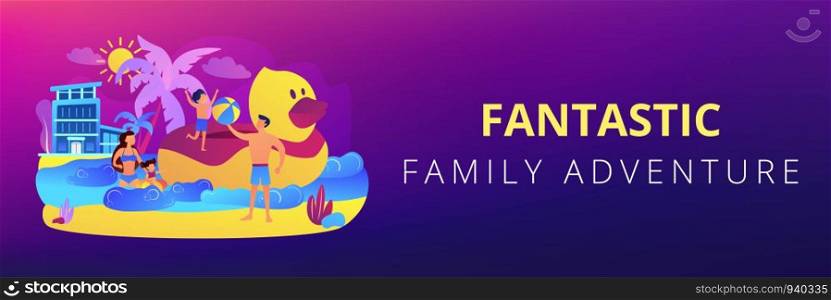 Parents, children swimming. Kids sunbathing near sea resort, hotel. Family vacations, all ages vacation, fantastic family adventure concept. Header or footer banner template with copy space.. Family vacation concept banner header