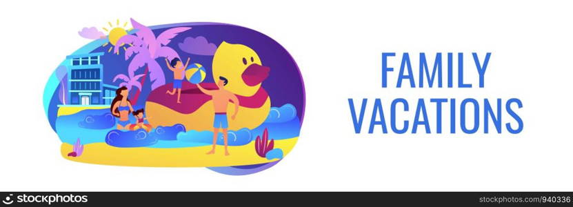 Parents, children swimming. Kids sunbathing near sea resort, hotel. Family vacations, all ages vacation, fantastic family adventure concept. Header or footer banner template with copy space.. Family vacation concept banner header