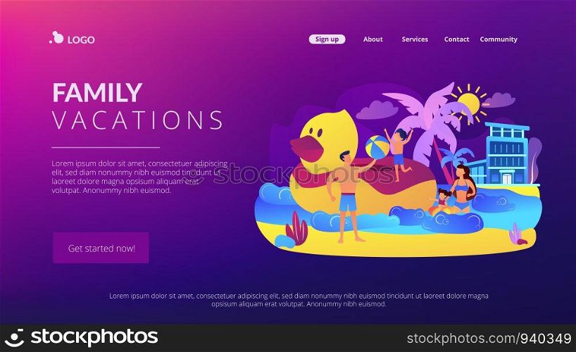 Parents, children swimming. Kids sunbathing near sea resort, hotel. Family vacations, all ages vacation, fantastic family adventure concept. Website homepage landing web page template.. Family vacation concept landing page