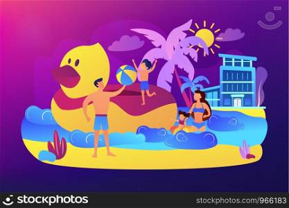 Parents, children swimming. Kids sunbathing near sea resort, hotel. Family vacations, all ages vacation, fantastic family adventure concept. Bright vibrant violet vector isolated illustration. Family vacation concept vector illustration