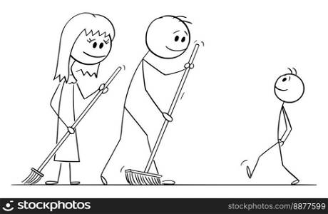 Parents cleaning or making a way for child, vector cartoon stick figure or character illustration.. Parents Making a Way for Child , Vector Cartoon Stick Figure Illustration