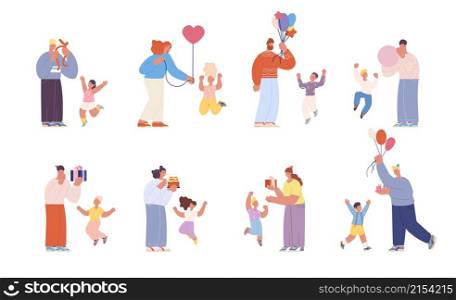 Parents congratulations kids. Birthday family party, cartoon children with adults. Holiday cake, people giving gifts. Festive utter vector characters. Birthday congratulation anniversary decoration. Parents congratulations kids. Birthday family party, cartoon children with adults. Holiday cake, people giving gifts. Festive utter vector characters