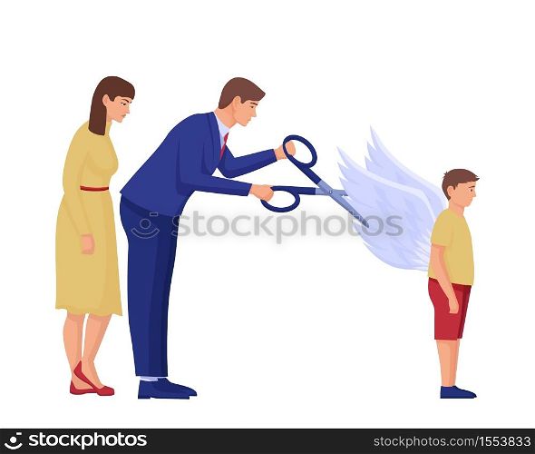 Parents cut wings to child illustration. Two characters clip off wings of hope for their son with scissors shattered dreams and careers suppressing free ideas and vector thoughts.. Parents cut wings to child illustration. Two characters clip off wings of hope for their son with scissors.