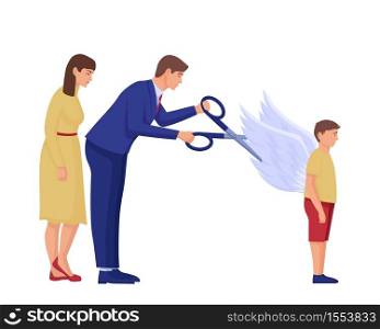 Parents cut wings to child illustration. Two characters clip off wings of hope for their son with scissors shattered dreams and careers suppressing free ideas and vector thoughts.. Parents cut wings to child illustration. Two characters clip off wings of hope for their son with scissors.