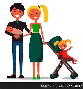 Parents’ Day poster vector illustration of happy family with father holding newborn son, mother and their young daughter in stroller. Parents’ Day Poster Depicting Young Family