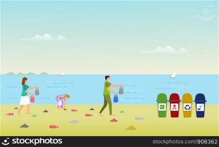 Parents' families are helping to collect debris on the beach in order to leave the trash. With sea as background