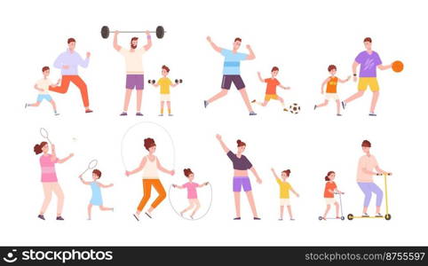 Parents fitness sports. Family practicing sportive exercise gym, parent children sport activities, fit training workout practice, healthy diet, cartoon vector illustration. Family do fitness exercise. Parents fitness sports. Family practicing sportive exercise gym, parent children sport activities, fit training workout practice, healthy diet, cartoon splendid vector illustration