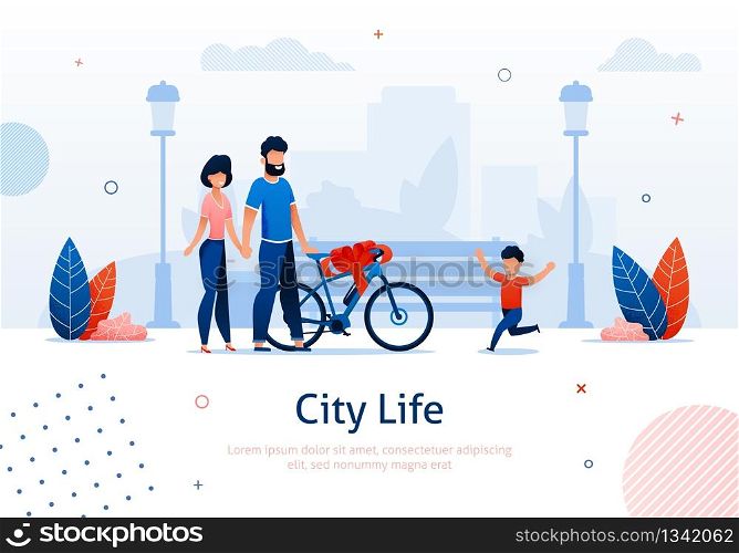 Parents Giving Bicycle with Bow as Present Banner Vector Illustration. Happy Child Boy Running to Bike with Ribbon in Flat Style in Park. Gift for Kid. Family Celebration of Holidays. Eco transport. Parents Giving Bicycle with Bow as Present to Kid.