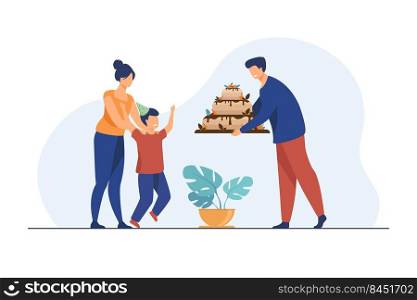 Parents giving birthday cake to son. Family, kid, sweet flat vector illustration. Celebration and holiday concept for banner, website design or landing web page