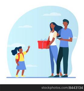 Parents giving gift to little daughter. Family couple and child with present box flat vector illustration. Birthday, surprise, childhood concept for banner, website design or landing web page