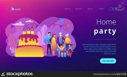 Parents, grandparents and children with presents at big cake with celebrating, tiny people. Family tradition, family reunion, home party concept. Website vibrant violet landing web page template.. Family tradition concept landing page.
