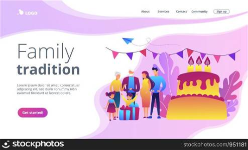 Parents, grandparents and children with presents at big cake with celebrating, tiny people. Family tradition, family reunion, home party concept. Website vibrant violet landing web page template.. Family tradition concept landing page.