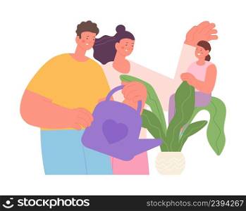 Parents grow child. Family care and live, happy daughter sit in flower pot on plant, mother and father watering her. Relationship, kid development vector. Illustration of parenthood child protection. Parents grow child. Family care and live, happy daughter sit in flower pot on plant, mother and father watering her. Relationship, kid development vector concept
