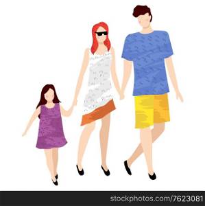 Parents holding daughter, mom and dad with child going together, portrait view of people character wearing casual clothes, summer time, walking vector. Family weekend. Family Leisure, Parents and Kid, Summer Vector