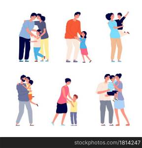 Parents hugging child. Family embracing, dad mom hug daughter. Friendship romantic relationship, adult holding baby utter vector characters. Illustration people family love embrace. Parents hugging child. Family embracing, dad mom hug daughter. Friendship romantic relationship, adult holding baby utter vector characters