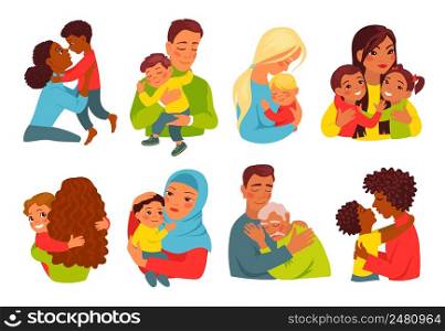 Parents hugging kids. Happy people with their children. Loving moms or dads with babies. Boys or girls embrace mothers and fathers. Family relationship. Vector set of persons holding daughters or sons. Parents hugging kids. People with their children. Moms or dads with babies. Boys or girls embrace mothers and fathers. Family relationship. Vector set of persons holding daughters or sons
