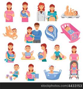 Parents Icons Set . Parents and baby flat icons set with mother and father isolated vector illustration