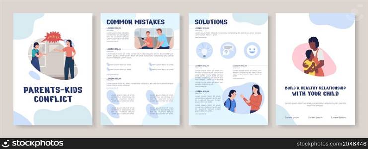 Parents kids conflict flat vector brochure template. Flyer, booklet, printable leaflet design with flat illustrations. Infographic posters with text space. Nerko One, Quicksand, Comfortaa fonts used. Parents kids conflict flat vector brochure template