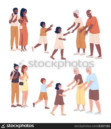 Parents leaving children with grandparents semi flat color vector characters set. Editable figures. Full body people on white. Simple cartoon illustration pack for web graphic design and animation. Parents leaving children with grandparents semi flat color vector characters set