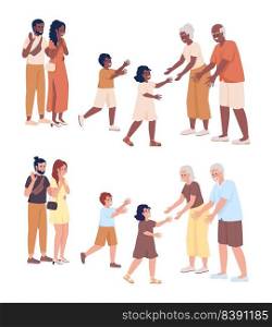 Parents leaving children with grandparents semi flat color vector characters set. Editable figures. Full body people on white. Simple cartoon illustration pack for web graphic design and animation. Parents leaving children with grandparents semi flat color vector characters set
