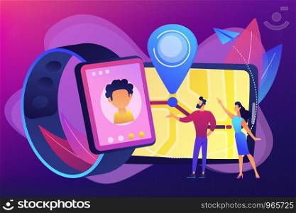 Parents look at kid location on tablet and GPS traking watch. GPS kids tracker, kids tracking and parental control concept on ultraviolet background. Bright vibrant violet vector isolated illustration. GPS kids tracker concept vector illustration.