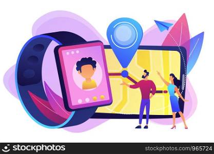 Parents looking at child location on tablet and GPS traking watch. GPS kids tracker, kids tracking and parental control concept on white background. Bright vibrant violet vector isolated illustration. GPS kids tracker concept vector illustration.
