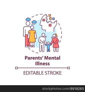 Parents mental illness concept icon. Mother, father depression. Yell at kid, angry with children. Child safety idea thin line illustration. Vector isolated outline RGB color drawing. Editable stroke. Parents mental illness concept icon