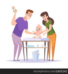 Parents new born baby. Mother and father changing kids diapers parents kids caring exact vector love family characters in cartoon style. Illustration of baby and family mother and father. Parents new born baby. Mother and father changing kids diapers parents kids caring exact vector love family characters in cartoon style