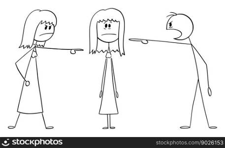 Parents or people accusing or blaming daughter or woman, vector cartoon stick figure or character illustration.. People or Parents Accusing or Blaming Woman or Daughter, Vector Cartoon Stick Figure Illustration