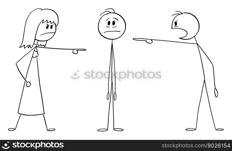 Parents or people accusing or blaming son or man, vector cartoon stick figure or character illustration.. People or Parents Accusing or Blaming Man or Son , Vector Cartoon Stick Figure Illustration