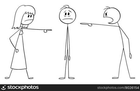 Parents or people accusing or blaming son or man, vector cartoon stick figure or character illustration.. People or Parents Accusing or Blaming Man or Son , Vector Cartoon Stick Figure Illustration