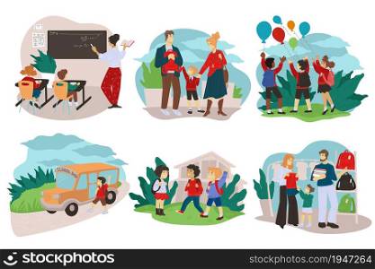 Parents preparing kids for school, children studying sitting in class listening to teachers. Boys and girls with balloons, waiting for bus. Childhood and education process. Vector in flat style. School and education, parents and children vector