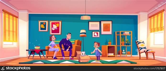 Parents present cat to little girl. Child getting cute pet for birthday. Vector cartoon illustration of house living room with mother and father sitting on couch, kid and kitty in cardboard box. Parents present cat to little girl for birthday
