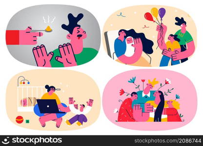Parents raise upbringing children, feed and play with offspring at home. Yougn mother and father take care of kids. Giving birth and childcare. Parenthood problem and stages. Vector illustration. Set.. Set of parents upbringing children playing and lecturing them