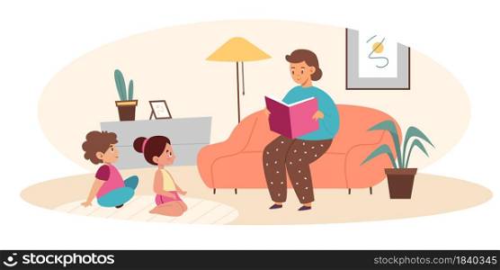 Parents read book kids. Mother reads fairy tale son and daughter, happy family evening, mom and children characters in living room interior. Entertainment literature, vector cartoon isolated concept. Parents read book kids. Mother reads fairy tale son and daughter, happy family evening, mom and children characters in living room interior. Entertainment literature, vector concept