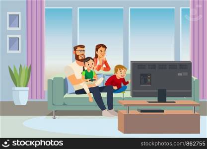 Parents Resting at Home with Kids Cartoon Vector Illustration. Father and Mother Sitting on Sofa in Living Room, Watching TV, Playing Video Game with Son and Daughter. Family Day Out. Happy Parenthood