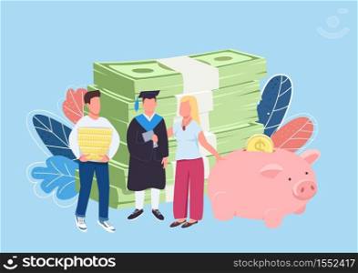 Parents savings for child education flat concept vector illustration. Financial support. Education costs. Student with family 2D cartoon characters for web design. Tuition payments creative idea. Parents savings for child education flat concept vector illustration