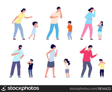 Parents scream to kids. Adults swearing, crying girl punished. Family abuse, isolated woman mother scolding little children utter vector set. Screaming and shouting parents to child illustration. Parents scream to kids. Adults swearing, crying girl punished. Family abuse, isolated woman mother scolding little children utter vector set