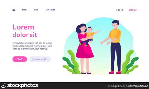 Parents soothing little child. Sad mom giving crying son to smiling dad flat vector illustration. Parenthood problems, stress concept for banner, website design or landing web page